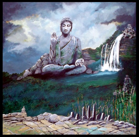 Buddah mit Wasserfall von Buddah mit Wasserfall