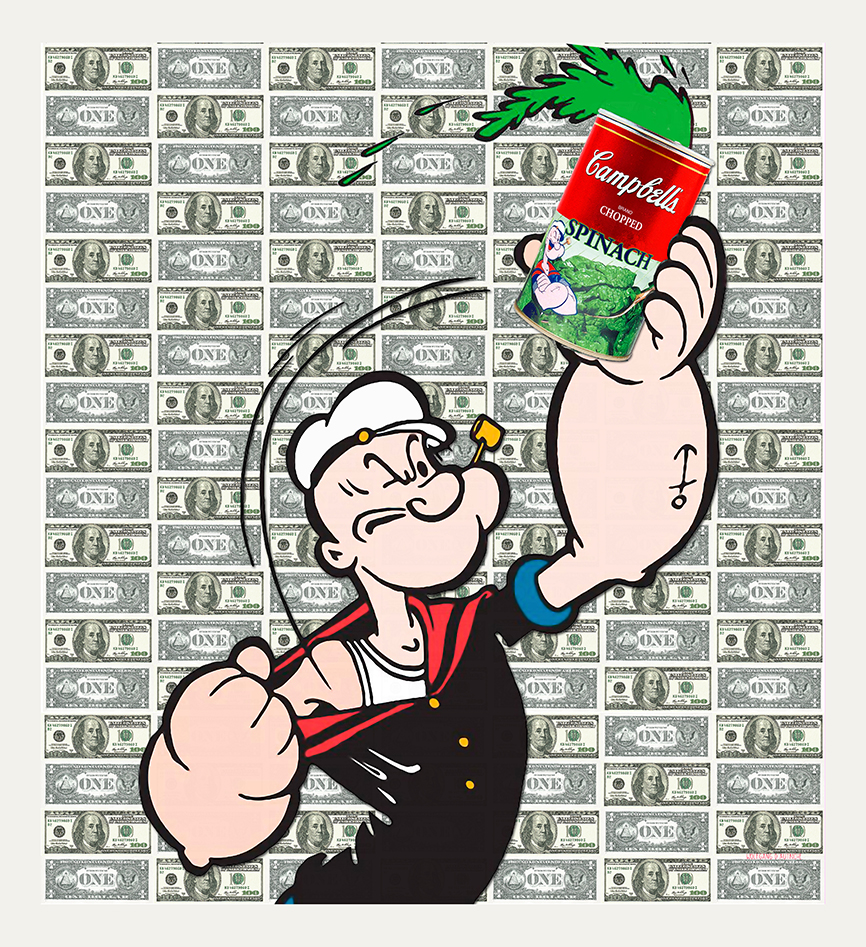 Campbell-Popeye on dollar bills von Wolfgang d`Autriche Campbell-Popeye on dollar bills