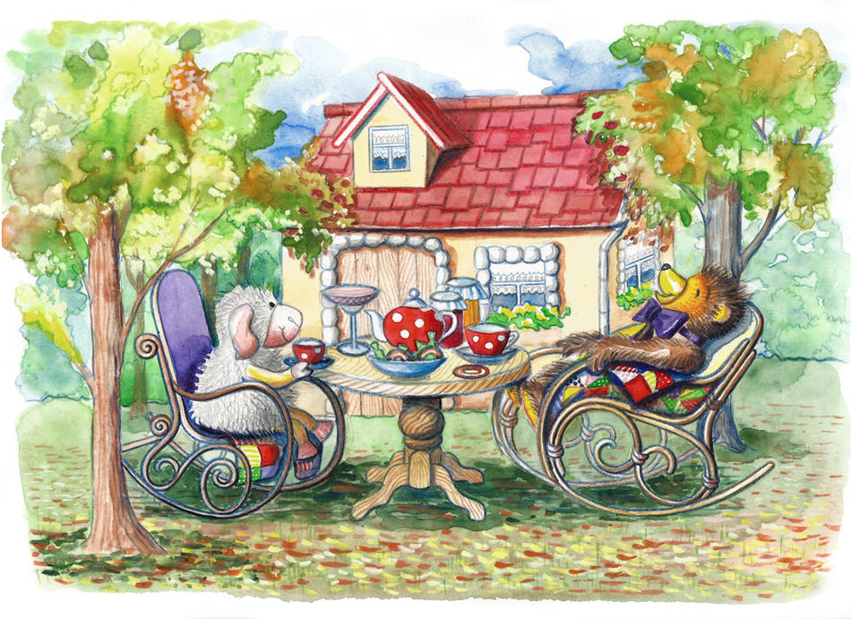 Der Teddybär und das Lamm trinken Tee im Garten von danshin Der Teddybär und das Lamm trinken Tee im Garten