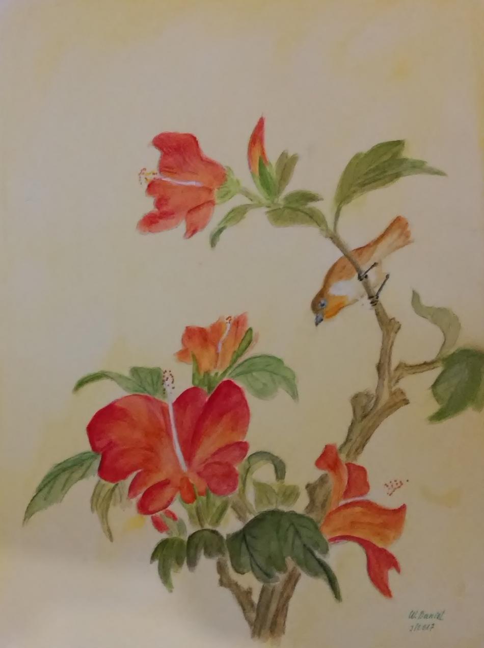 87-Hibiskus mit Vogel von Pinselwolf 87-Hibiskus mit Vogel