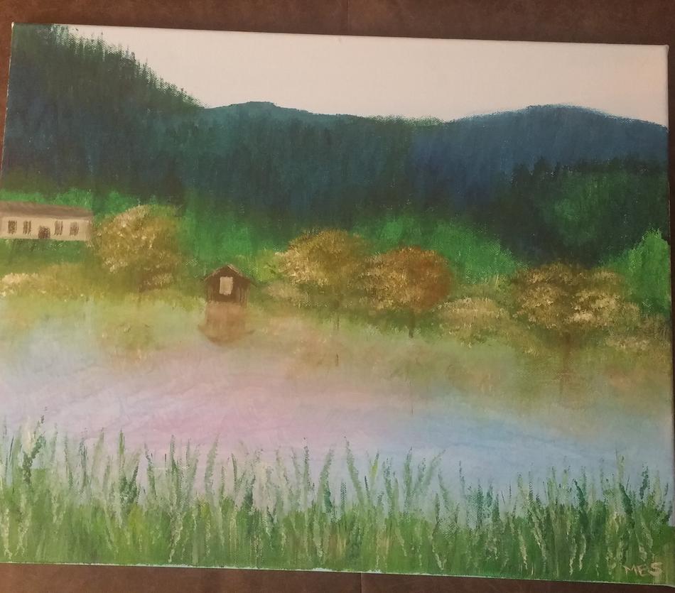 Neuberg, Seeufer mit Hütte von Margit Erben-Skof Neuberg, Seeufer mit Hütte