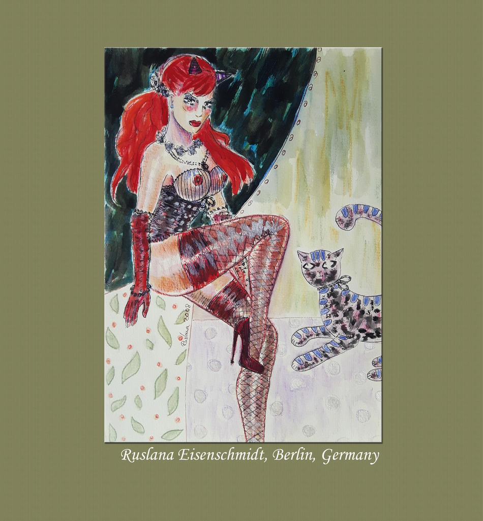 Original Bild signiert Aktzeichnung nude Frauenakt drawing female Teufel Dessous von Ruslana Eisenschmidt art Original Bild signiert Aktzeichnung nude Frauenakt drawing female Teufel Dessous