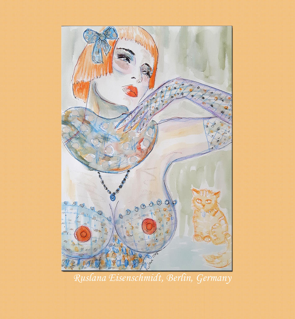 Original nude Malerei Ruslana Eisenschmidt Korsage Silber Tusche Perser Katze von Ruslana Eisenschmidt art Original nude Malerei Ruslana Eisenschmidt Korsage Silber Tusche Perser Katze