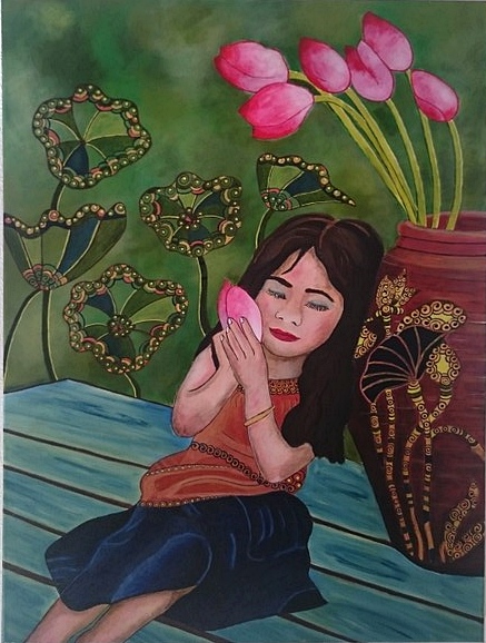Mädchen mit Lotusblüte von Mädchen mit Lotusblüte